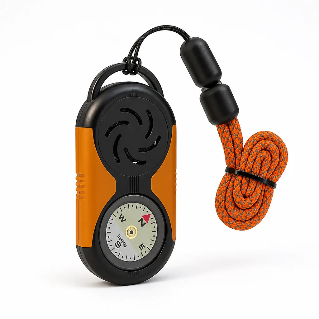 Thermometer & Hygrometer With Compass Polished Metal Reflective Lanyard