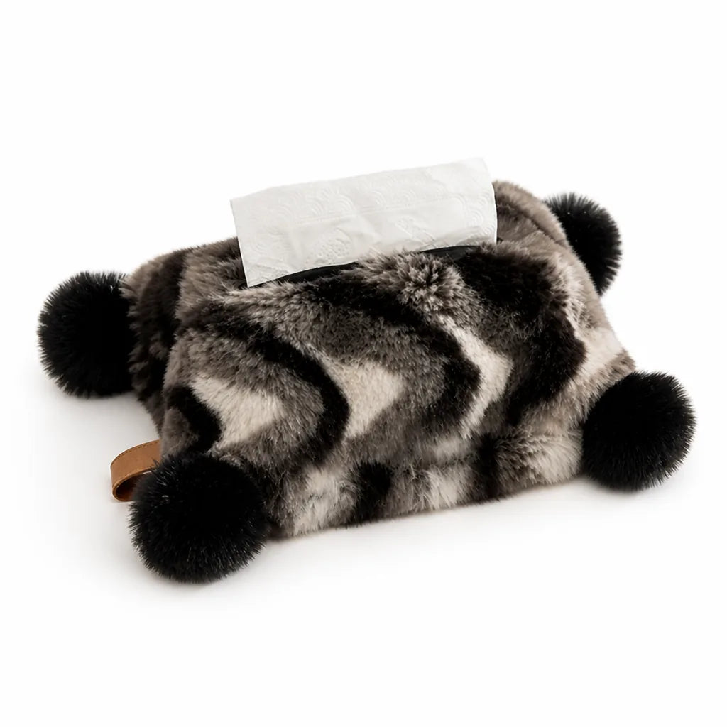 Tissue Box Cover Faux Fur Pom-Pom Handle