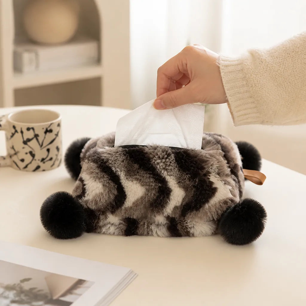 Tissue Box Cover Faux Fur Pom-Pom Handle