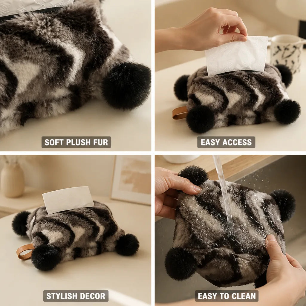 Tissue Box Cover Faux Fur Pom-Pom Handle