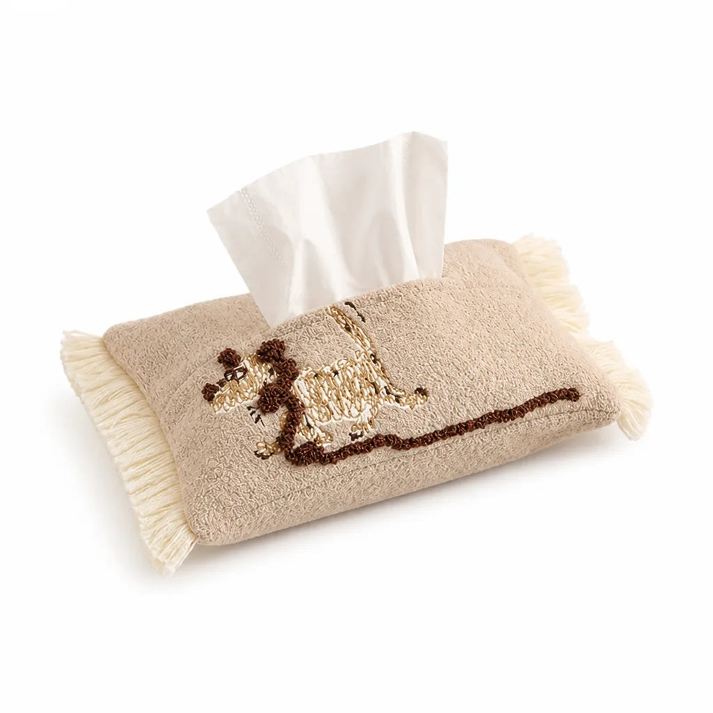 Tissue Box Cover Plush Fabric Llama Embroidery & Fringes