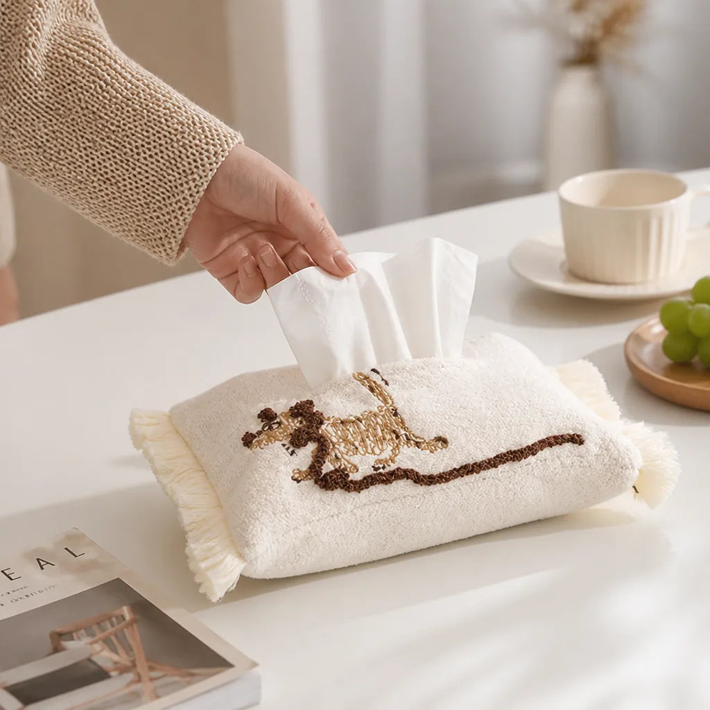 Tissue Box Cover Plush Fabric Llama Embroidery & Fringes