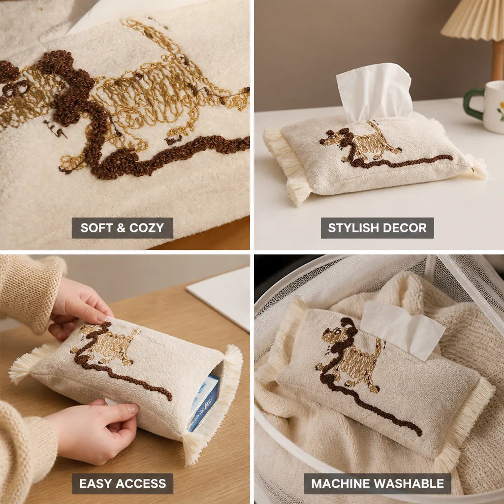 Tissue Box Cover Plush Fabric Llama Embroidery & Fringes
