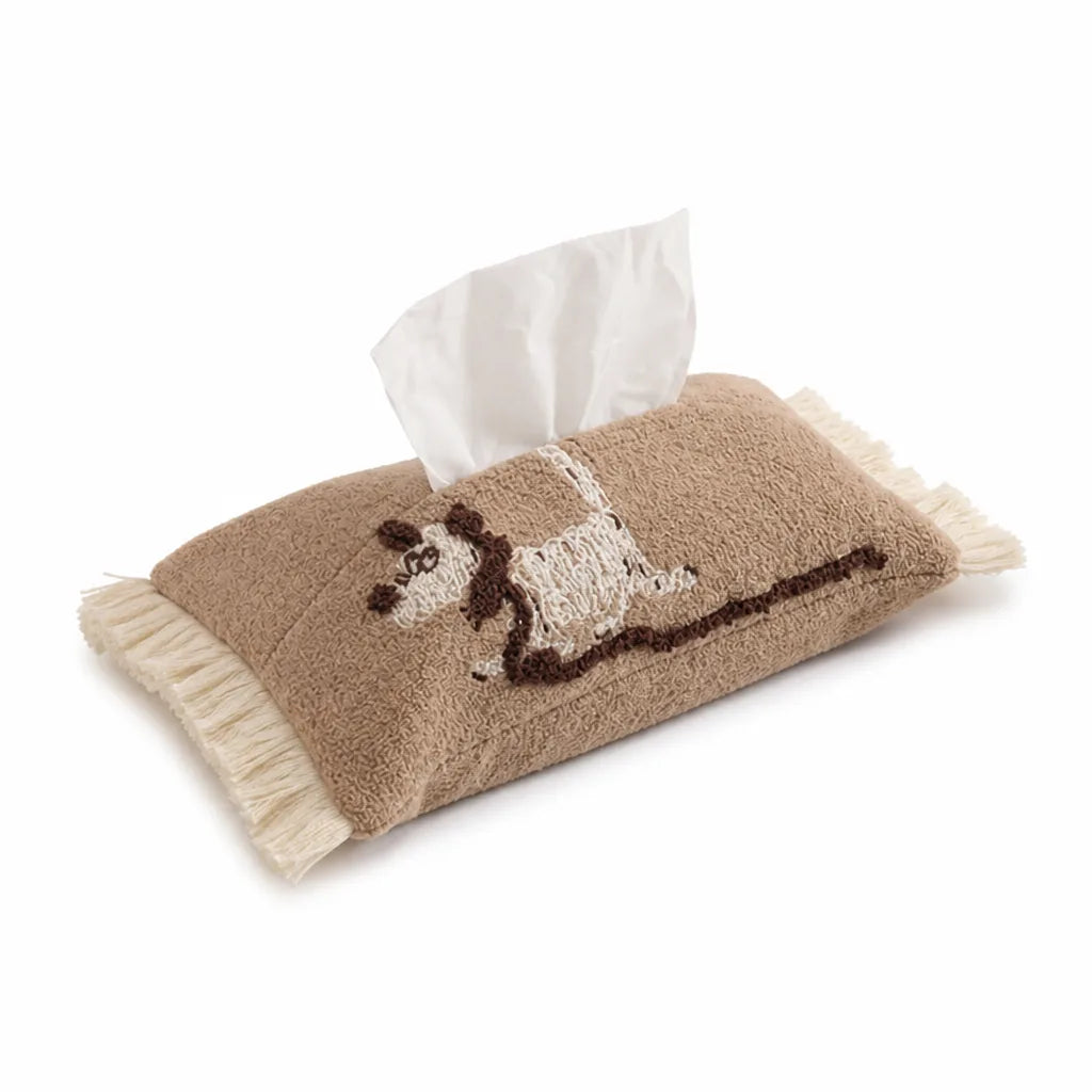 Tissue Box Cover Plush Fabric Llama Embroidery & Fringes