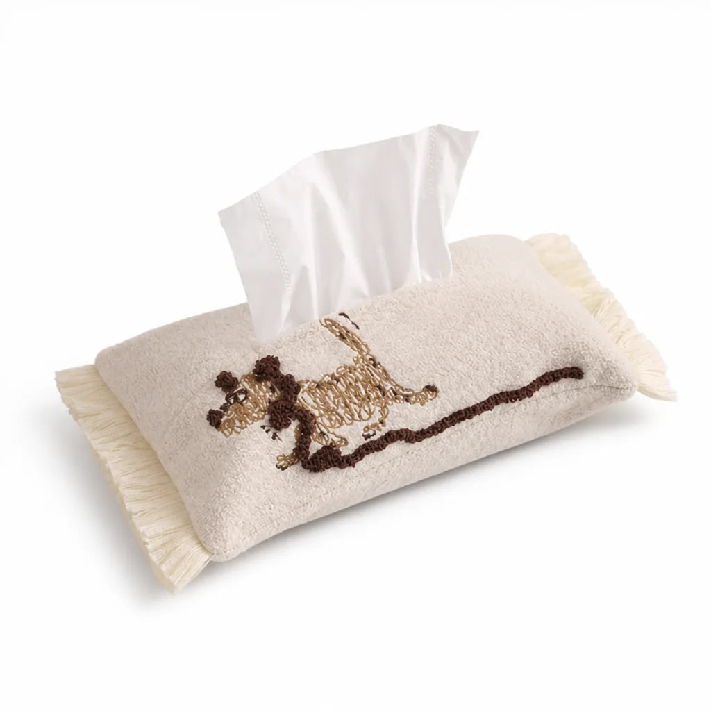 Tissue Box Cover Plush Fabric Llama Embroidery & Fringes