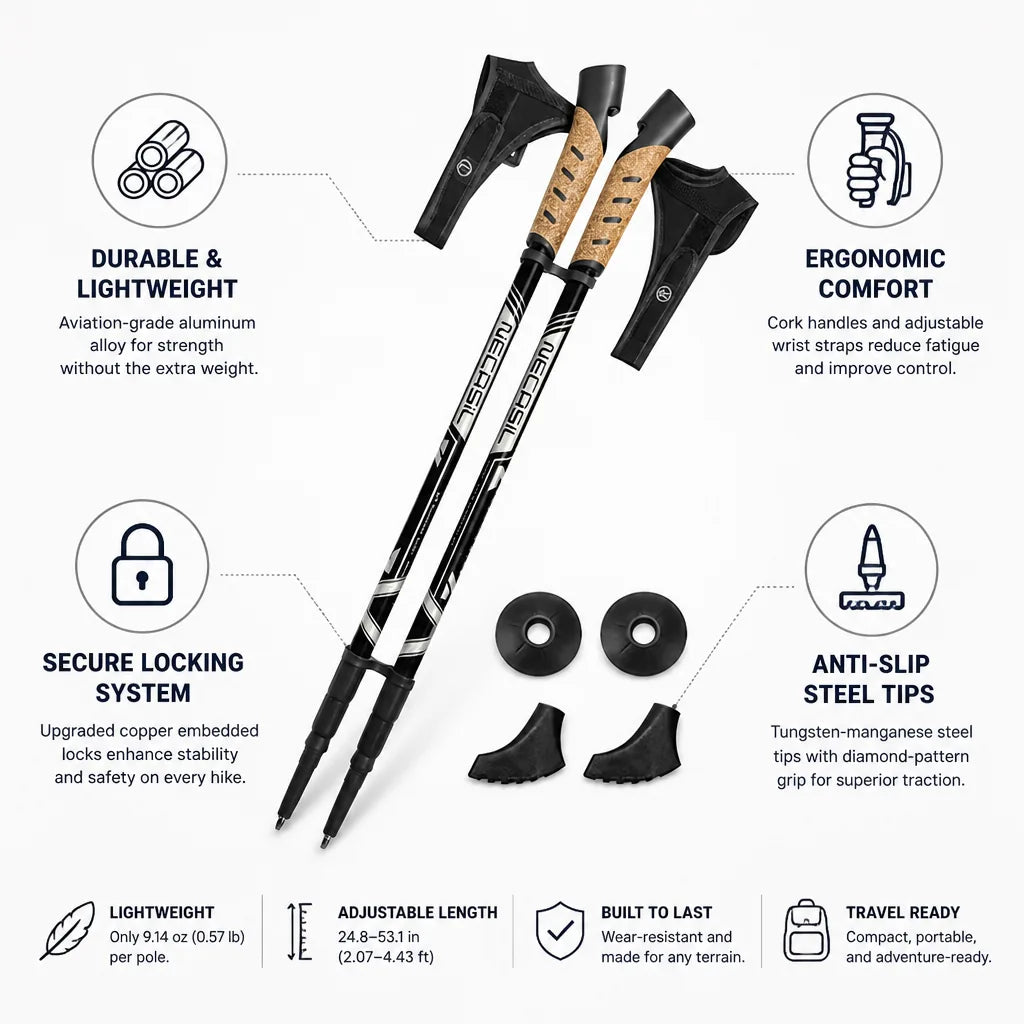 Trekking Poles Telescopic Aluminum Cork Handle 2 Pack