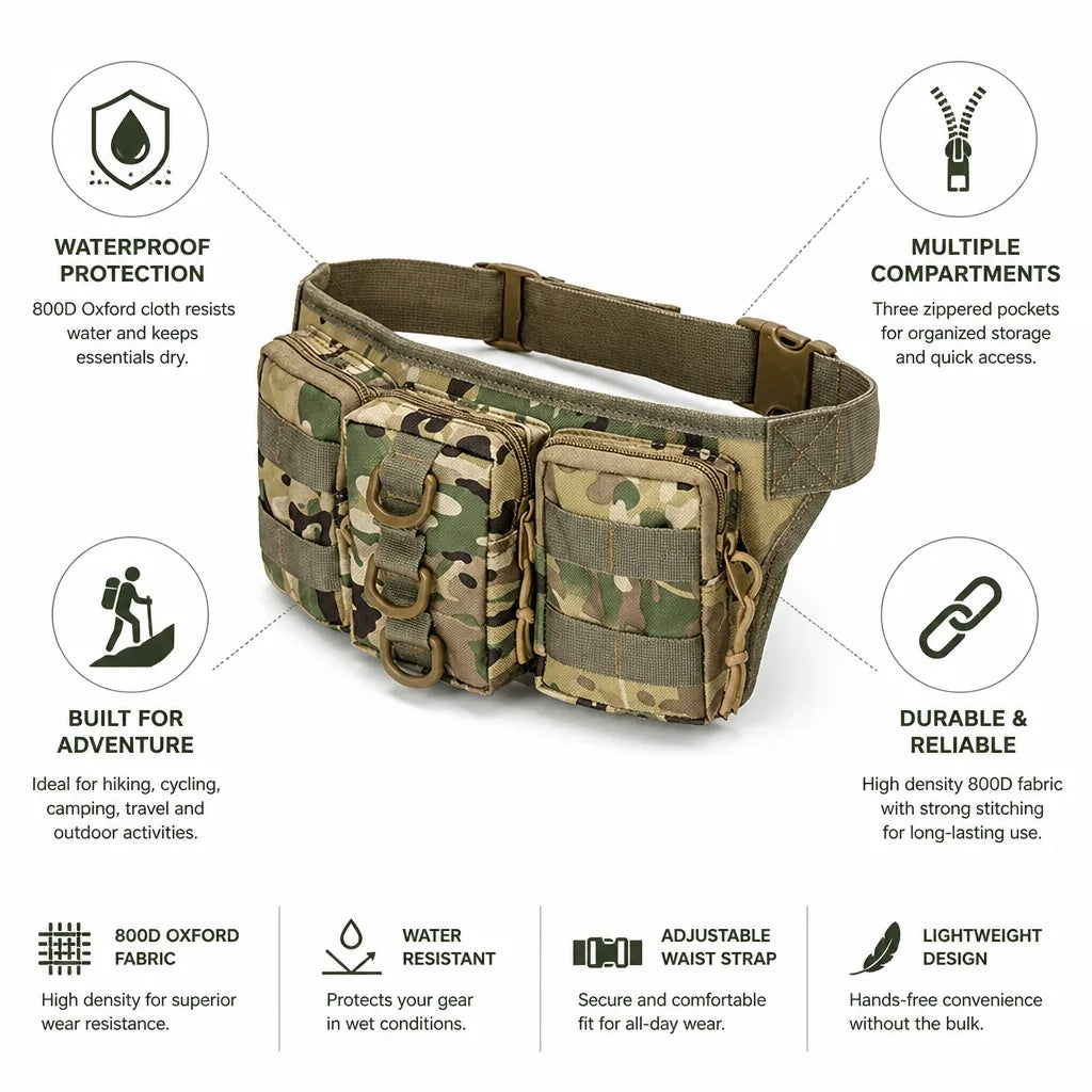 Waist Bag Waterproof 800D Oxford Three Zippered Pockets
