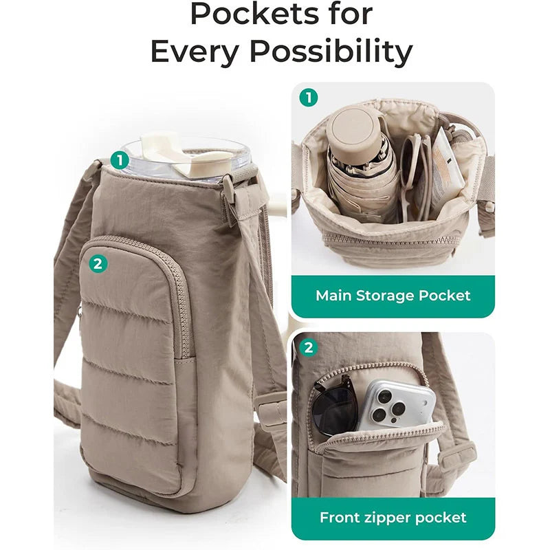 Water Bottle Sleeve Insulated Phone Pocket & Adjustable Strap